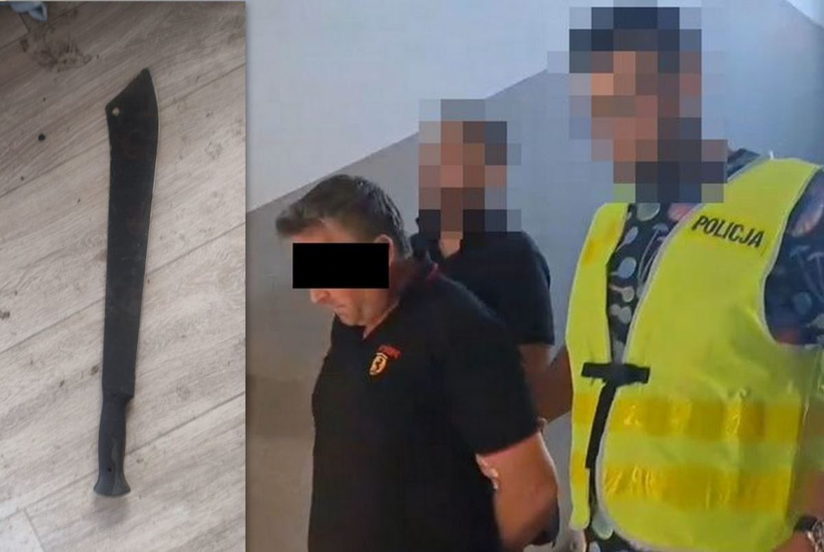 Kolaż zdjęć na których widać maczetę oraz zatrzymanego mężczyznę z policjantami.