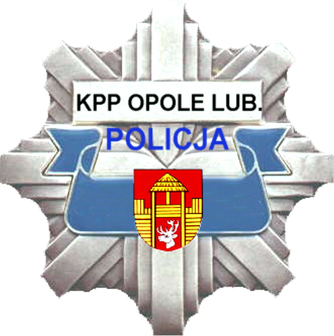 policyjna gwaizda z napisem KPP Opole Lubelskie oraz herbem opola lubelskiego w środku