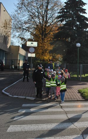 umundurowany policjant przeprowadza przez przejście dla pieszych gromadkę dzieci w kamizelkach odblaskowych