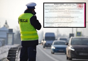 umundurowany policjant stoi tyłem. w tle wypełniony formularz mandatu karnego