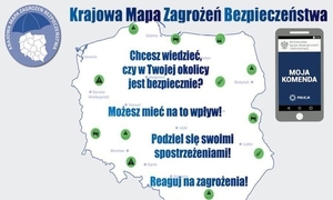 logo aplikacji krajowa mapa zagrożeń bezpieczeństwa. mapa polski, obok logo aplikacji moja komenda