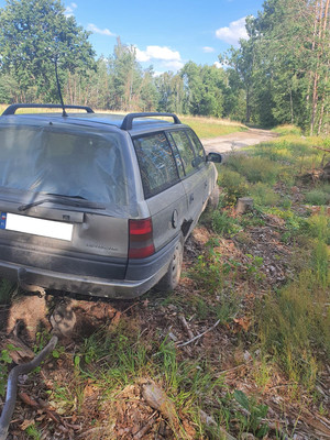 na leśnej drodze stoi szary samochód z urwanymi częściami podwozia.