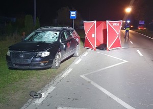 na poboczu stoi ciemne auto. obok auta jest rozstawiony czerwony parawan, wewnątrz którego znajduje się ciemny worek. Przed samochodem leży but