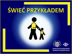 logo akcji świeć przykładem. postaci ubranego w kamizelke odblaskową dorosłego oraz prowadzonego przez niego za rękę dziecka