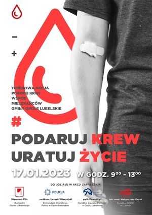 plakat akcji podaruj krew uratuj życie. ramię z plastrem wraz z nazwą akcji