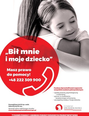 plakat akcji. matka obejmująca dziecko. biały napis na czerwonym tle. bił mnie i moje dziecko