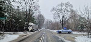 na poboczu stoi samochód ciężarowy. przód samochodu styka się z drzewem. po drugiej stronie drogi stoi oznakowany samochód