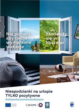 plakat akcji przeciwdziałania włamaniom do domów. widoczne podzielone na dwie części pomieszczenie. na jednej z nich widać oznaki włamania przewróconą doniczkę, nieporządek