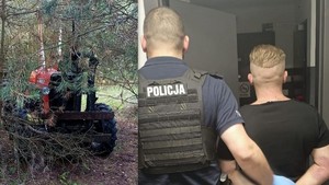 kolaż zdjęć przedstawiający policjanta z zatrzymanym i odzyskany ciągnik w lesie