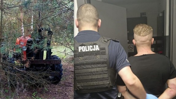 kolaż zdjęć przedstawiający policjanta z zatrzymanym i odzyskany ciągnik w lesie