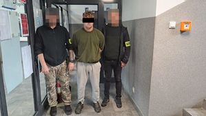 Policjanci prowadzą zatrzymanego mężczyznę.