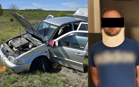 Zatrzymany mężczyzna oraz rozbite auto.