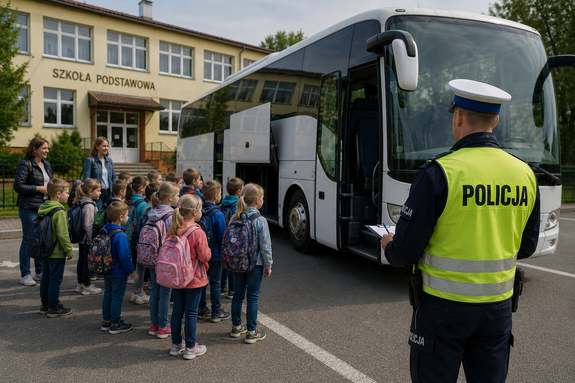 grafika wygenerowana przez sztuczną inteligencję, przy autokarze stoją dzieci w wieku szkolnym, nauczycielki i policjant