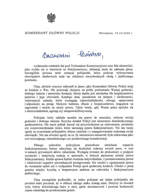 list Komendanta Głównego Policji